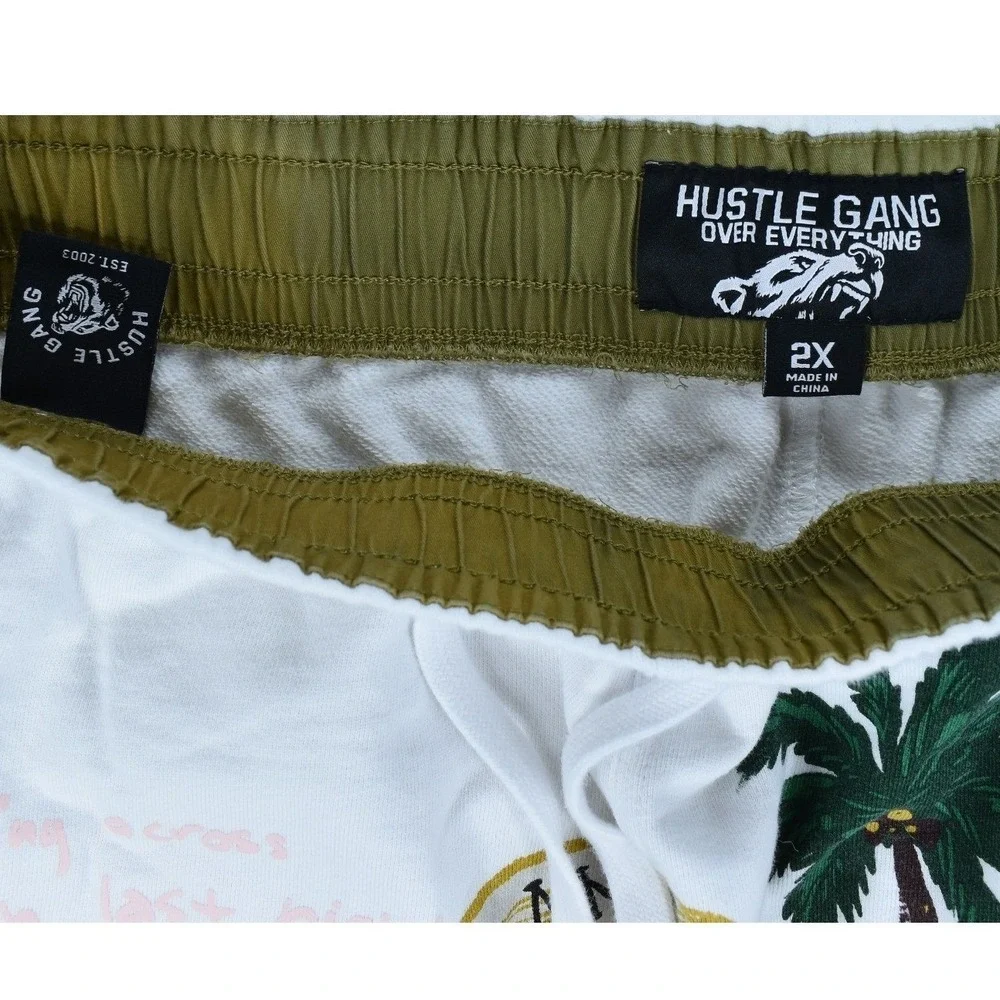 Hustle Gang Mens 2X White Tropical Aloha Graphic Sweat Shorts Drawstring Pocket